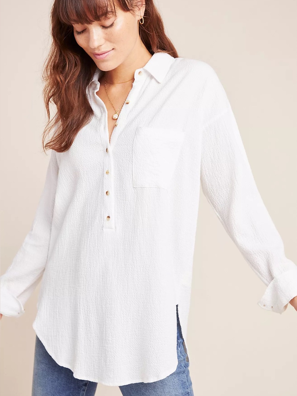 Anthropologie Pilcro Textured Button-Up Tunic - White, XS